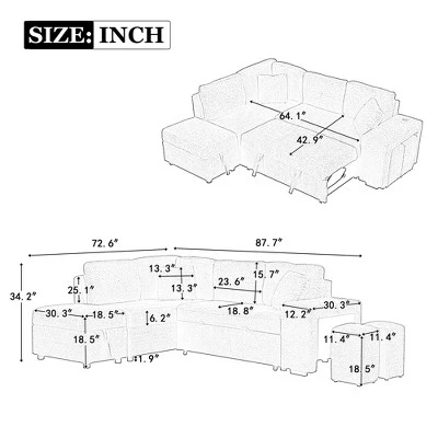 87.7" Convertible Pull Out Sleeper Sofa Bed With Storage Ottoman, 2 Stools, Wireless Charger And USB Ports 4M-ModernLuxe 4 87.7" Convertible Pull Out Sleeper Sofa Bed With Storage Ottoman, 2 Stools, Wireless Charger And USB Ports 4M-ModernLuxe - Image 2