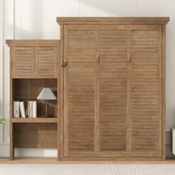 ModernLuxe Queen Murphy Bed with Integrated Storage Shelves and Louvered Cabinet