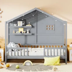 ModernLuxe Twin Size House Bed with Shelves and Sparkling LED Light Strip