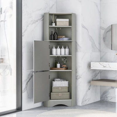 Tall Bathroom Freestanding Corner Cabinet With Door And Adjustable Shelves - ModernLuxe 3 Tall Bathroom Freestanding Corner Cabinet With Door And Adjustable Shelves - ModernLuxe