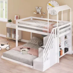 ModernLuxe Twin Over Full Bunk Bed with Staircase, Shelves and House Roof