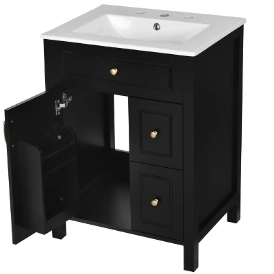 24"W Bathroom Vanity With Ceramic Sink, Bathroom Cabinet With Storage Racks, Drawers And Soft Closing Door, Black/Green-ModernLuxe 14 24"W Bathroom Vanity With Ceramic Sink, Bathroom Cabinet With Storage Racks, Drawers And Soft Closing Door, Black/Green-ModernLuxe - Image 12