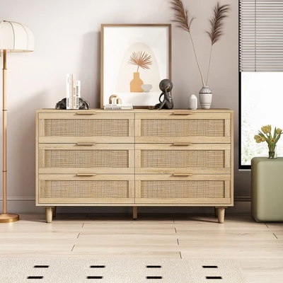 6-Drawer Rattan Dresser For Living Room And Bedroom, Natural - ModernLuxe 3 6-Drawer Rattan Dresser For Living Room And Bedroom, Natural - ModernLuxe