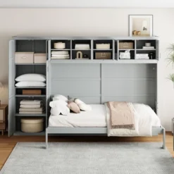 ModernLuxe Queen Size Wall Bed with Customizable Cabinets and Shelves