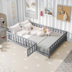 ModernLuxe Full Size Montessori Floor Bed with Safety Fence and Door