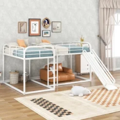 ModernLuxe L-Shaped Metal Bunk Bed with Slide and Ladder - Full & Twin Size