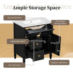 30" Bathroom Vanity With Ceramic Sink, Flip Drawer, 2 Storage Drawers & Adjustable Shelf, Compact Freestanding Vanity Cabinet - 18 30" Bathroom Vanity With Ceramic Sink, Flip Drawer, 2 Storage Drawers & Adjustable Shelf, Compact Freestanding Vanity Cabinet - -Luxe Furniture Sale GUEST b4ef3032 3f8a 4425 9915 26fd3c7423f3