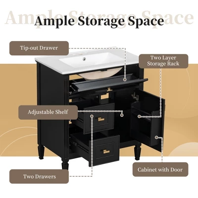 30" Bathroom Vanity With Ceramic Sink, Flip Drawer, 2 Storage Drawers & Adjustable Shelf, Compact Freestanding Vanity Cabinet - 6 30" Bathroom Vanity With Ceramic Sink, Flip Drawer, 2 Storage Drawers & Adjustable Shelf, Compact Freestanding Vanity Cabinet - - Image 4