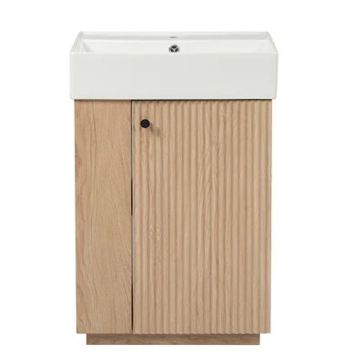 21.6'' Bathroom Vanity With Ceramic Sink, Freestanding Storage Cabinet, Soft-Closing Left/Right Door & Open Shelves, Natural - ModernLuxe 8 21.6'' Bathroom Vanity With Ceramic Sink, Freestanding Storage Cabinet, Soft-Closing Left/Right Door & Open Shelves, Natural - ModernLuxe - Image 6