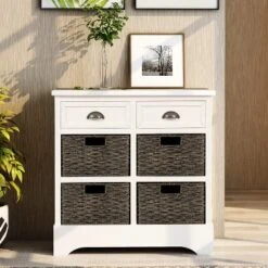 Modernluxe Rustic Storage Cabinet with 2 Drawers and 4 Rattan Baskets