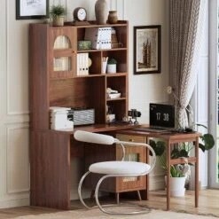 Computer Desk With 90° Rotating Desktop, Office Desk With Storage Drawer & Cabinets, Gaming Desk Writing Desk Work Desk, White/Walnut-ModernLuxe