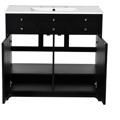 36'' Retro Bathroom Vanity With Ceramic Sink, Solid Wood Frame Freestanding Storage Cabinet With Soft-Close Doors & Drawers - ModernLuxe 11 36'' Retro Bathroom Vanity With Ceramic Sink, Solid Wood Frame Freestanding Storage Cabinet With Soft-Close Doors & Drawers - ModernLuxe - Image 9