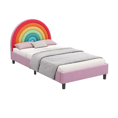 Twin Size Upholstered Platform Bed With Rainbow Design Headboard, Cute Style Princess Bed For Boys & Girls, Teens, Colorful & Pink-ModernLuxe 5 Twin Size Upholstered Platform Bed With Rainbow Design Headboard, Cute Style Princess Bed For Boys & Girls, Teens, Colorful & Pink-ModernLuxe - Image 3