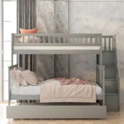ModernLuxe Twin Over Full Bunk Bed with Trundle and Integrated Storage Staircase