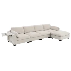 130" L-Shaped Sectional Sofa, 5 Seat Chenille Modular Sofa Couch With Folding Table, Dual USB Charging & Ottoman, Beige/Gray - ModernLuxe -Luxe Furniture Sale GUEST b8f59643 e34b 4de3 9fe3 deba6a548a12