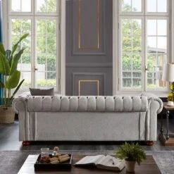 Chesterfield Linen Tufted Nailhead Upholstered Sofa With Wooden Legs - ModernLuxe -Luxe Furniture Sale GUEST ba4c2d16 7c99 44d9 bf56 0189e38be2a7