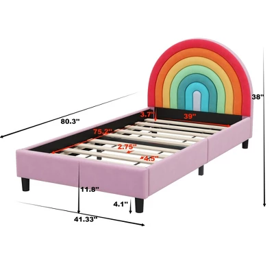 Twin Size Upholstered Platform Bed With Rainbow Design Headboard, Cute Style Princess Bed For Boys & Girls, Teens, Colorful & Pink-ModernLuxe 4 Twin Size Upholstered Platform Bed With Rainbow Design Headboard, Cute Style Princess Bed For Boys & Girls, Teens, Colorful & Pink-ModernLuxe - Image 2