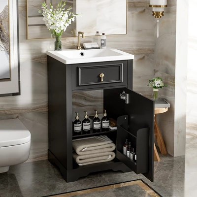 20" Bathroom Vanity With Ceramic Sink, Bathroom Cabinet With Door-Mounted Storage Rack, Adjustable Shelf And Soft Closing Door, White/Black-ModernLuxe 3 20" Bathroom Vanity With Ceramic Sink, Bathroom Cabinet With Door-Mounted Storage Rack, Adjustable Shelf And Soft Closing Door, White/Black-ModernLuxe