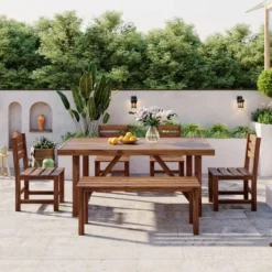 ModernLuxe 6-Piece Acacia Wood Outdoor Dining Set with Table, 4 Chairs, and Bench