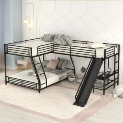 ModernLuxe L-Shaped Twin Over Full Bunk Bed with Loft Bed, Desk, and Slide