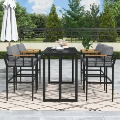 ModernLuxe Steel Outdoor Tall Dining Set with Acacia Wood Armrests - 5-Piece Black Patio Set