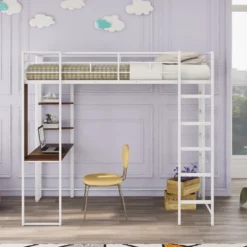 ModernLuxe Twin Metal Loft Bed with Integrated Desk and Two Shelves