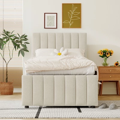 Twin/Full Size Platform Bed, Wooden Upholstered Bed Frame With Twin Trundle Bed And 3 Drawers - ModernLuxe 3 Twin/Full Size Platform Bed, Wooden Upholstered Bed Frame With Twin Trundle Bed And 3 Drawers - ModernLuxe