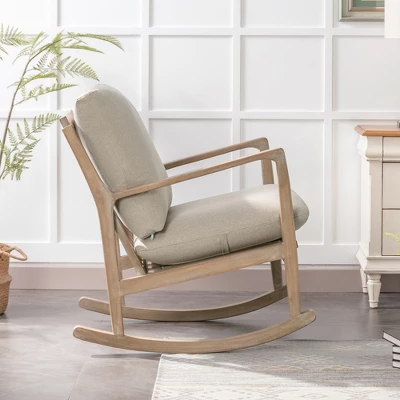 Solid Wood Rocking Chair Upholstered In Linen Fabric, Beige - ModernLuxe 4 Solid Wood Rocking Chair Upholstered In Linen Fabric, Beige - ModernLuxe - Image 2