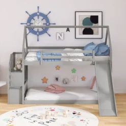 ModernLuxe House-Shaped Twin Over Twin Bunk Bed with Slide and Storage