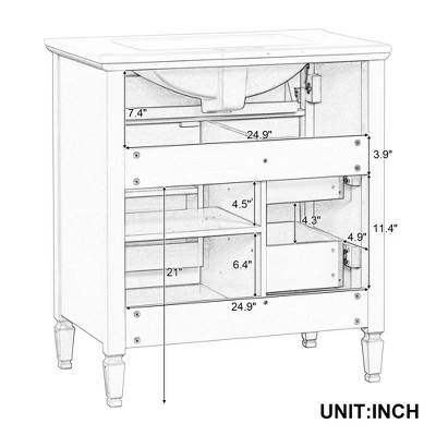 30" Bathroom Vanity With Ceramic Sink, Flip Drawer, 2 Storage Drawers & Adjustable Shelf, Compact Freestanding Vanity Cabinet - 5 30" Bathroom Vanity With Ceramic Sink, Flip Drawer, 2 Storage Drawers & Adjustable Shelf, Compact Freestanding Vanity Cabinet - - Image 3
