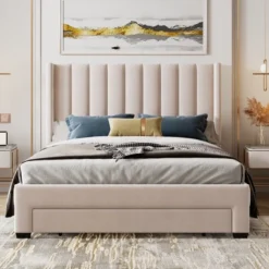 ModernLuxe Velvet Upholstered Platform Bed with Storage Drawer