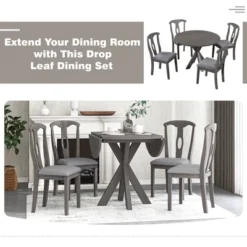 5-Piece Rustic Wooden Round Dining Table Set With Drop Leaf And 4 Upholstered Dining Chairs, Gray - ModernLuxe 21 5-Piece Rustic Wooden Round Dining Table Set With Drop Leaf And 4 Upholstered Dining Chairs, Gray - ModernLuxe -Luxe Furniture Sale GUEST c6a85a73 4de3 4aa0 9abb 3be64575cd35