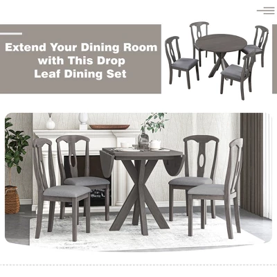 5-Piece Rustic Wooden Round Dining Table Set With Drop Leaf And 4 Upholstered Dining Chairs, Gray - ModernLuxe 11 5-Piece Rustic Wooden Round Dining Table Set With Drop Leaf And 4 Upholstered Dining Chairs, Gray - ModernLuxe - Image 9