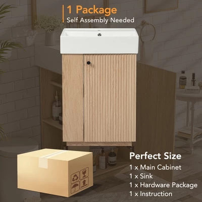 21.6'' Bathroom Vanity With Ceramic Sink, Freestanding Storage Cabinet, Soft-Closing Left/Right Door & Open Shelves, Natural - ModernLuxe 7 21.6'' Bathroom Vanity With Ceramic Sink, Freestanding Storage Cabinet, Soft-Closing Left/Right Door & Open Shelves, Natural - ModernLuxe - Image 5