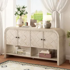 ModernLuxe Woven Wood Slat Console Table with Solid Wood Veneer