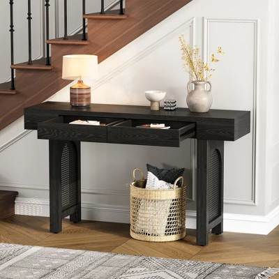 51.9"W Rustic Console Table With Rattan Accent, Narrow Entryway Table With Drawers, Wood Finish Sofa Table Console Tables - ModernLuxe 3 51.9"W Rustic Console Table With Rattan Accent, Narrow Entryway Table With Drawers, Wood Finish Sofa Table Console Tables - ModernLuxe