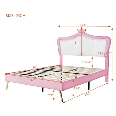 Queen/Full Size Upholstered Platform Bed Frame With LED Lights, Princess Bed With Crown Headboard-ModernLuxe 4 Queen/Full Size Upholstered Platform Bed Frame With LED Lights, Princess Bed With Crown Headboard-ModernLuxe - Image 2