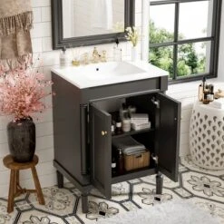 24" Bathroom Vanity With Ceramic Sink, 2-Tier Storage Cabinet, Retro Vanity With Soft-Close Doors And Large Shelves - ModernLuxe
