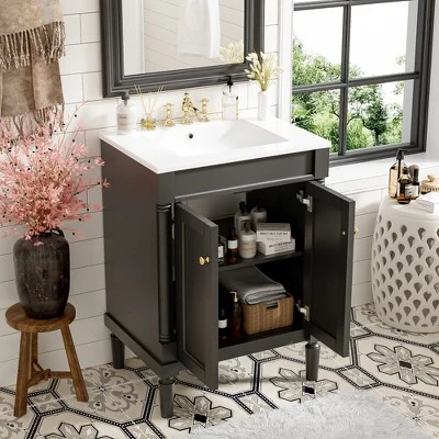 24" Bathroom Vanity With Ceramic Sink, 2-Tier Storage Cabinet, Retro Vanity With Soft-Close Doors And Large Shelves - ModernLuxe 3 24" Bathroom Vanity With Ceramic Sink, 2-Tier Storage Cabinet, Retro Vanity With Soft-Close Doors And Large Shelves - ModernLuxe