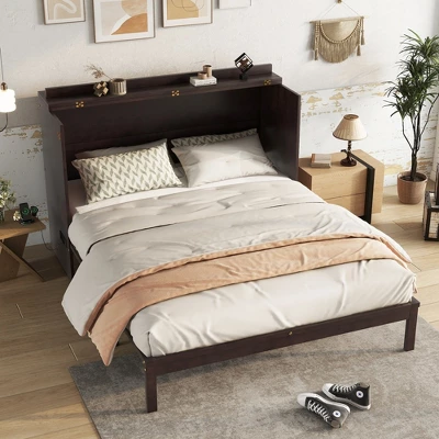 ModernLuxe Queen Size Murphy Cabinet Bed with Rattan Panel & Integrated Charging Station 4 ModernLuxe Queen Size Murphy Cabinet Bed with Rattan Panel & Integrated Charging Station - Image 2