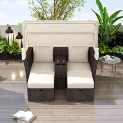 ModernLuxe 2-Seater Outdoor Rattan Daybed with Foldable Sunshade Canopy