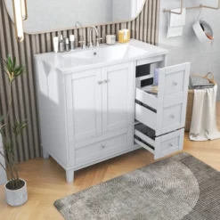 36" Modern Bathroom Vanity With USB Charging Port, 2 Doors And 3 Drawers - ModernLuxe