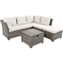 ModernLuxe 6-Piece Patio PE Rattan Sectional Sofa Set with Storage Table - Beige