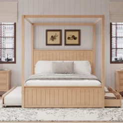 Queen Size 4 Poster Canopy Platform Bed With Trundle And 3 Drawers, Solid Wood Bed Frame With Headboard, No Box Spring Needed - ModernLuxe