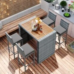 ModernLuxe 5-Piece Outdoor Patio Wicker Bar Set with Acacia Wood Top & Cushions - Gray