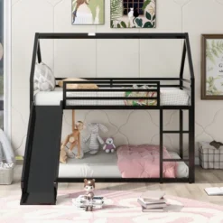 ModernLuxe Twin Over Twin House Bunk Bed with Slide and Ladder