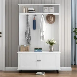 40" 3-in-1 Design Hall Tree With 4 Hooks, Coat Hanger And Entryway Storage Bench - ModernLuxe