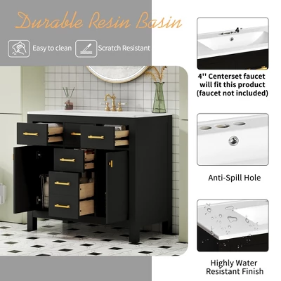 36" Modern Bathroom Vanity With Ceramic Sink, Freestanding Storage Cabinet With 4 Drawers & 2 Soft-Close Doors, Solid Wood Frame - ModernLuxe 5 36" Modern Bathroom Vanity With Ceramic Sink, Freestanding Storage Cabinet With 4 Drawers & 2 Soft-Close Doors, Solid Wood Frame - ModernLuxe - Image 3