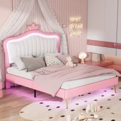 Queen/Full Size Upholstered Platform Bed Frame With LED Lights, Princess Bed With Crown Headboard-ModernLuxe