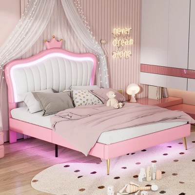 Queen/Full Size Upholstered Platform Bed Frame With LED Lights, Princess Bed With Crown Headboard-ModernLuxe 3 Queen/Full Size Upholstered Platform Bed Frame With LED Lights, Princess Bed With Crown Headboard-ModernLuxe